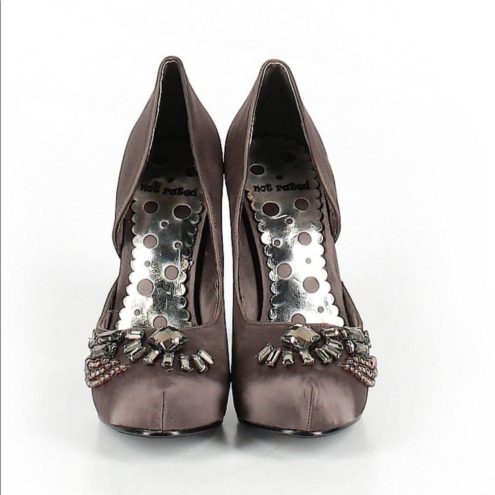 EUC Embellished brown gray satin heels